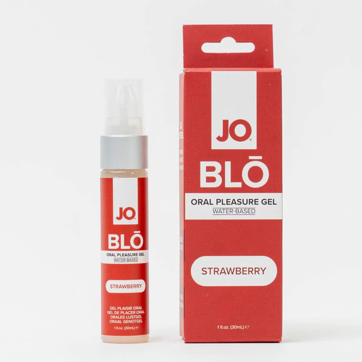 JO BLO Oral Pleasure Gel strawberry as seen next to packaging 