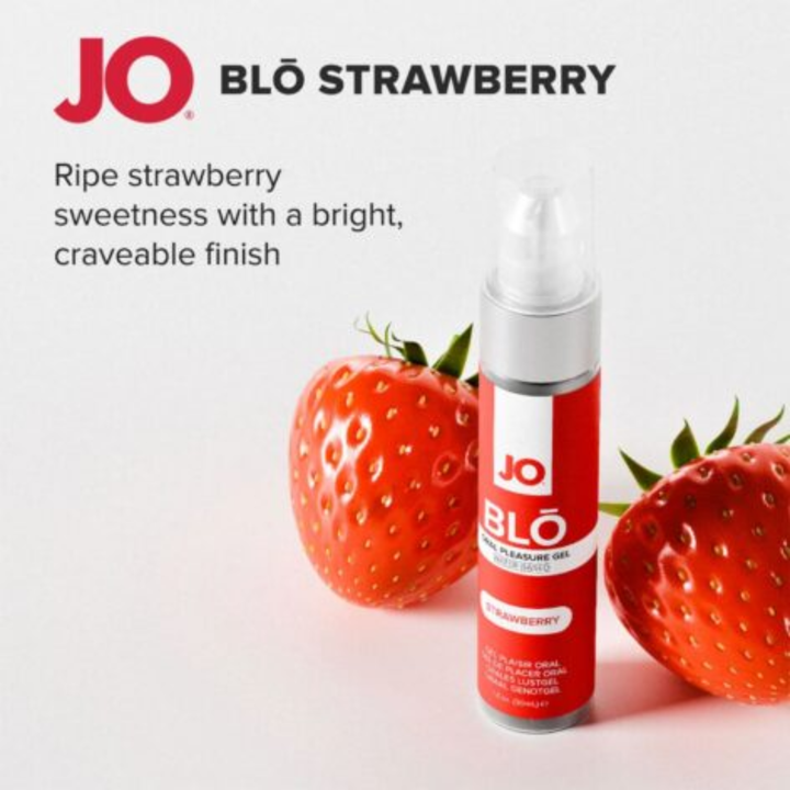 strawberry JO BLO Oral Pleasure Gel ripe strawberry sweetness with a bright craveable finish 
