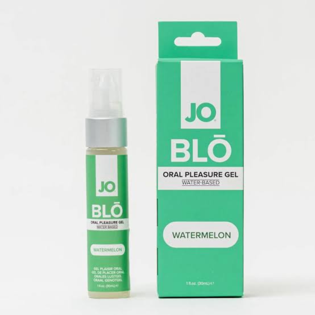 watermelon JO BLO Oral Pleasure Gel next to packaging 