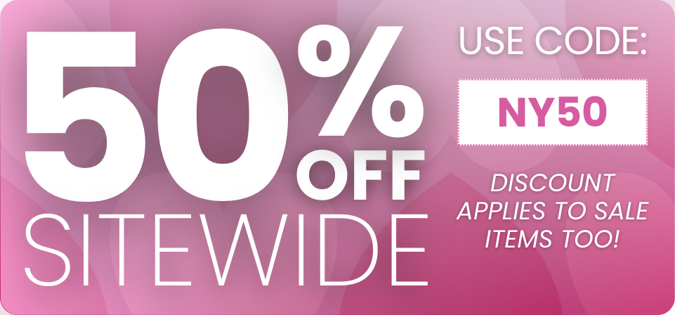 Promotional banner with 50% off sitewide discount and code NY50 on a pink background