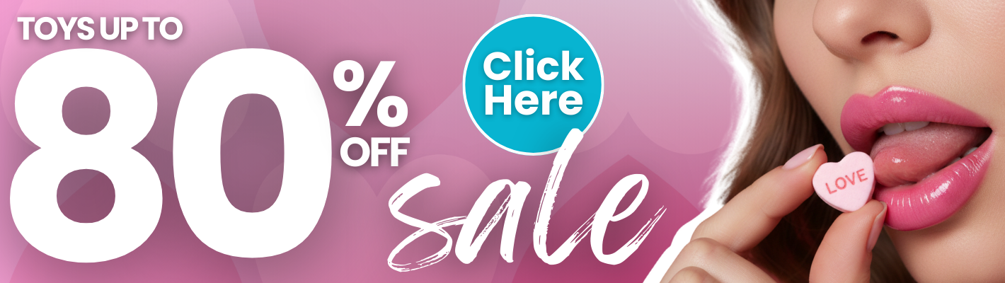 Promotional banner with '80% off' sale text and a woman holding a heart-shaped 'LOVE' candy.