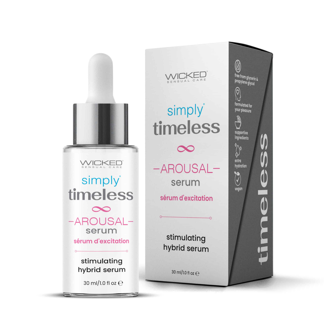 Wicked Simply Timeless Stimulating Hybrid Arousal Serum 1oz as seen next to packaging 
