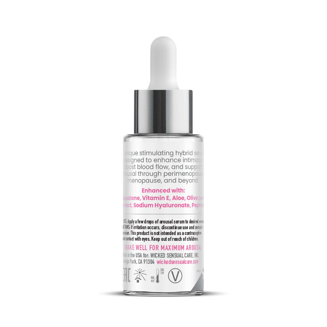 backside of Wicked Simply Timeless Stimulating Hybrid Arousal Serum 1oz bottle 