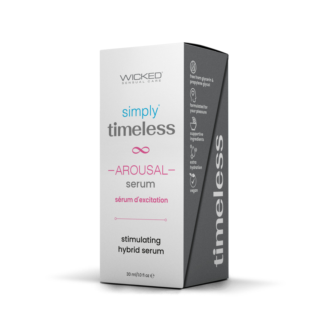 frontside of Wicked Simply Timeless Stimulating Hybrid Arousal Serum 1oz packaging