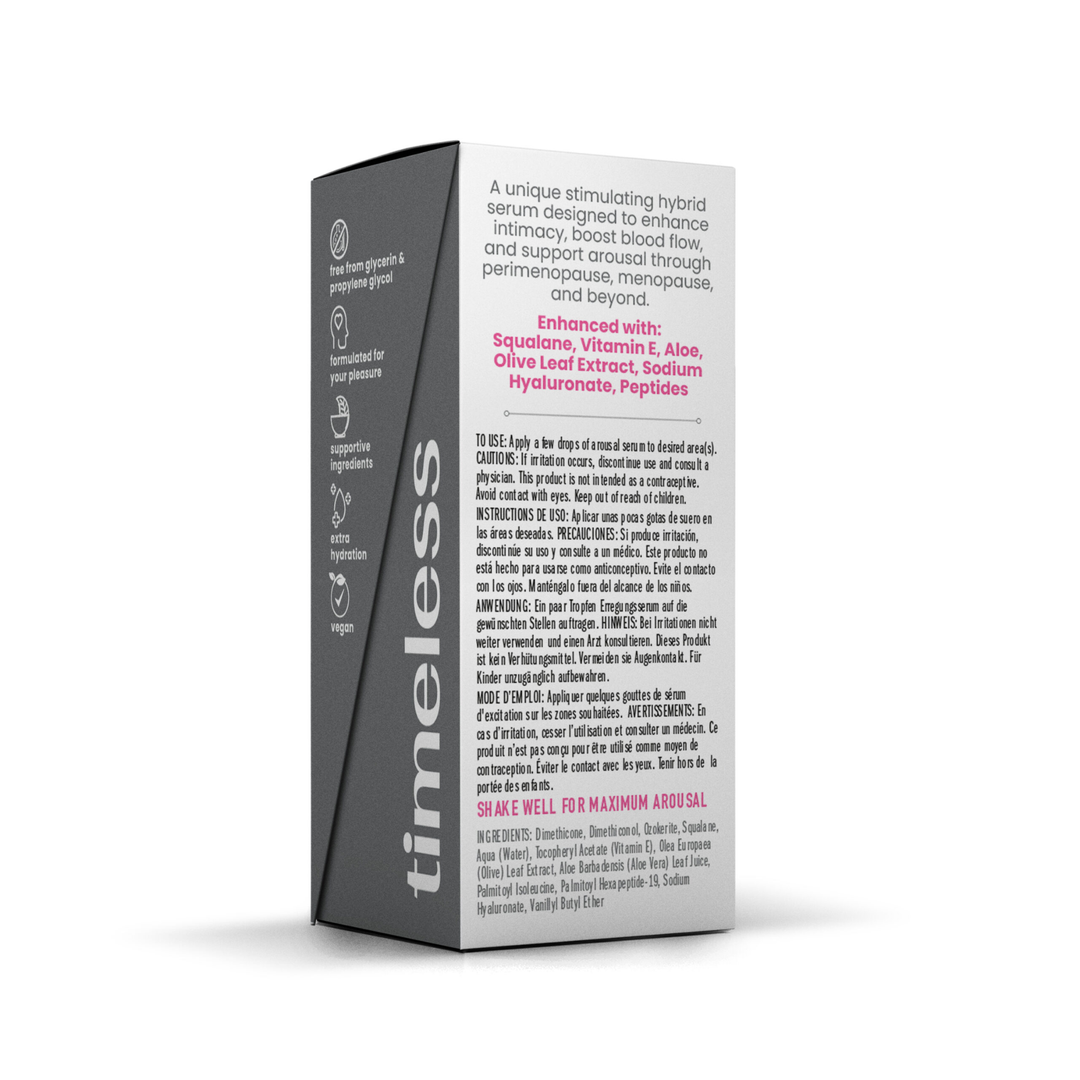 backside of Wicked Simply Timeless Stimulating Hybrid Arousal Serum 1oz packaging 