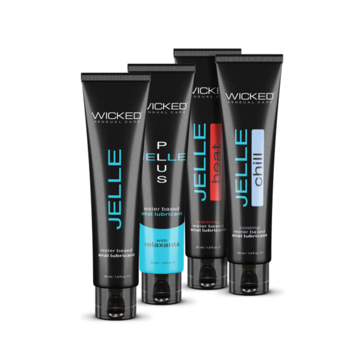 4 lube tubes from Wicked Anal Adventure Kit Jelle water based anal lubricant, Jelle Chill, Jelle Heat, Jelle with relaxants 
