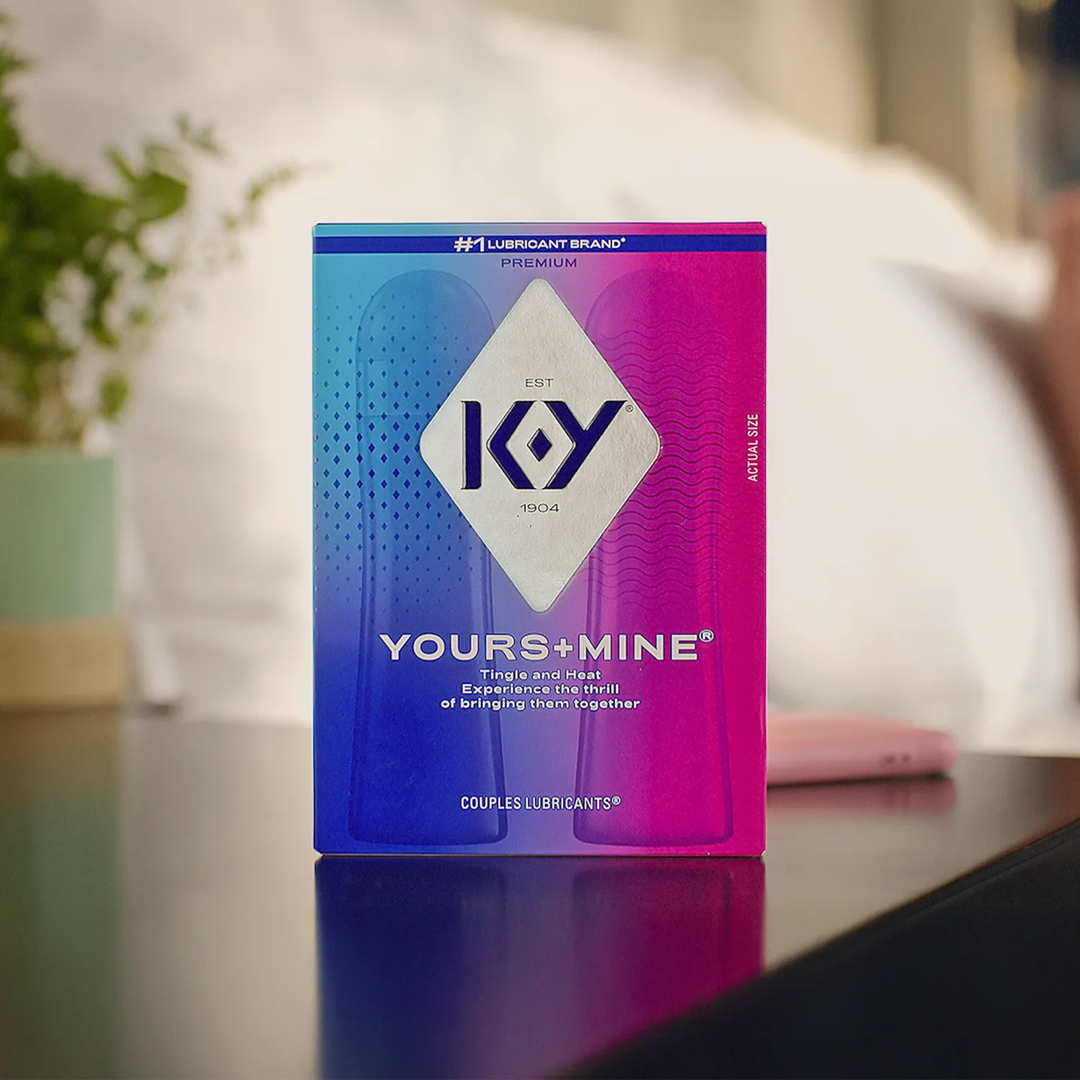 KY Yours and Mine Couples Lubricant Set on a table 