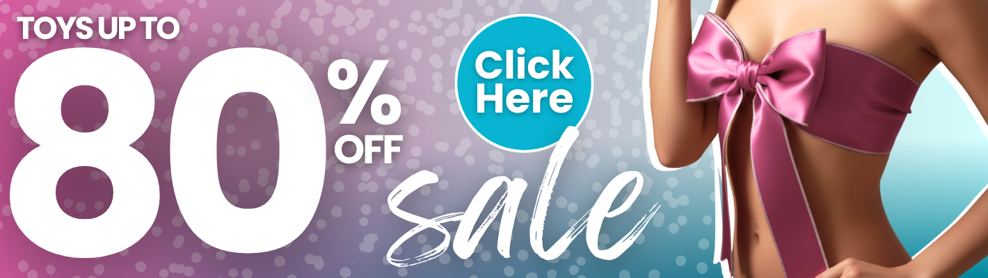 Promotional banner with 80% off sale text and a woman lying on a pink inflatable mattress.