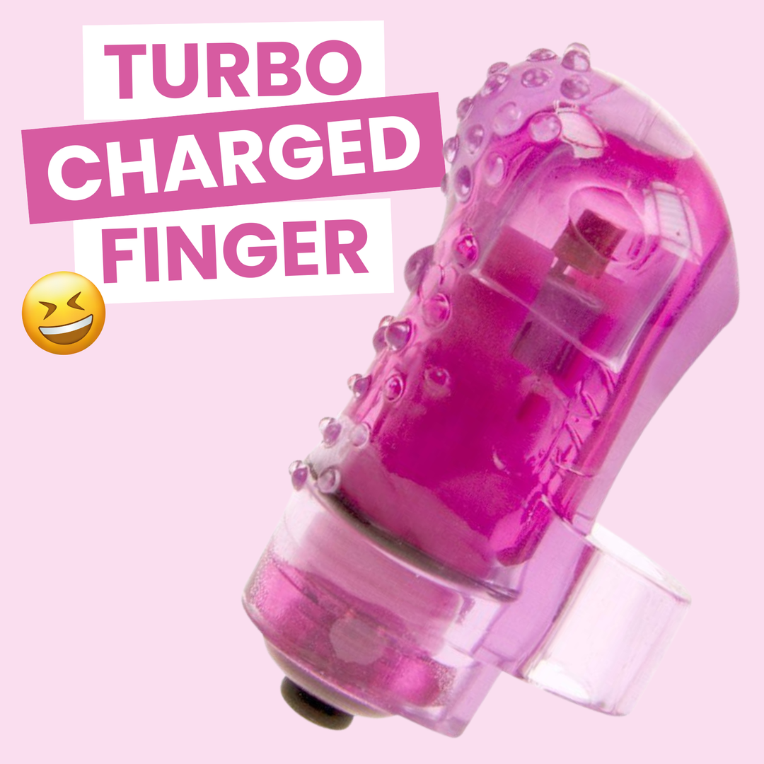Pink textured finger vibe labeled 'Turbo Charged Finger' on a pink background