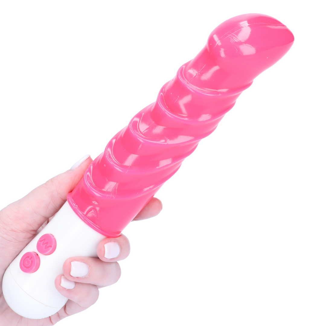 Thick rippled pink vibrating dildo with white handle