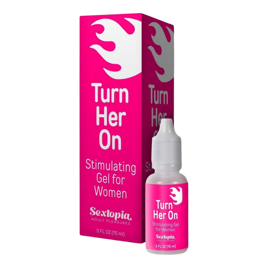 Turn Her On Stimulating Gel for Women bottle next to packaging 