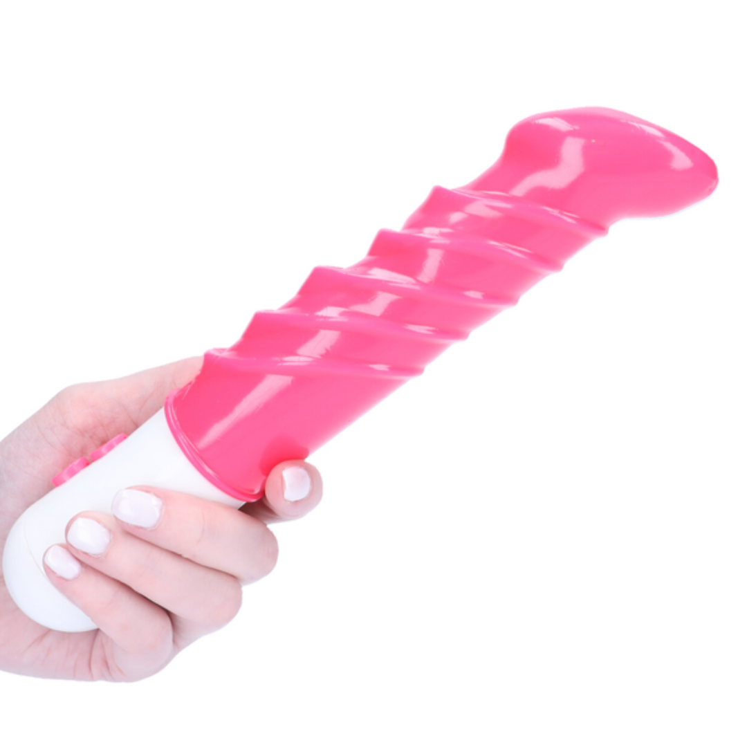 Thick rippled pink vibrating dildo with white handle