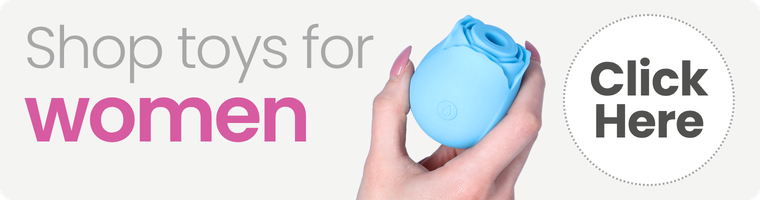 A hand holding a small light blue personal massager against a light gray background, with promotional text reading 'Shop toys for women' and a gray 'Click Here' button.