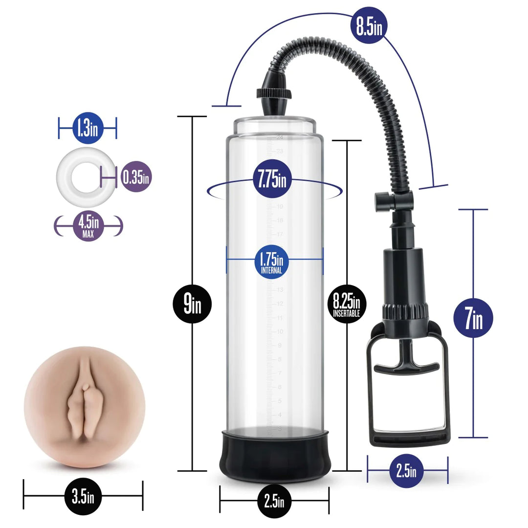Performance VX5 Male Enhancement Penis Pump System image of the pump and the added sleeve with a breakdown of all the measurements. 