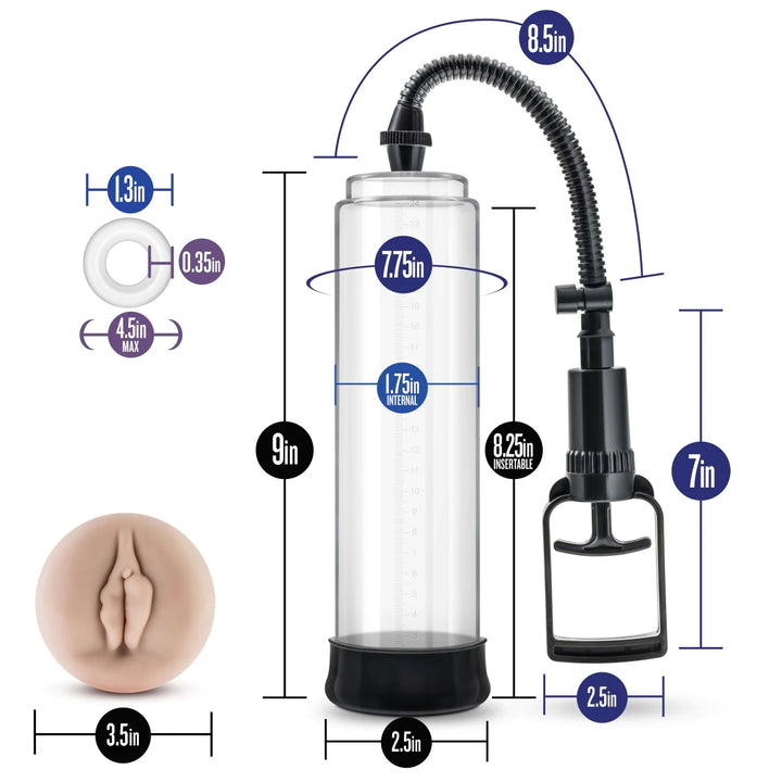 Performance VX5 Male Enhancement Penis Pump System image of the pump and the added sleeve with a breakdown of all the measurements. 