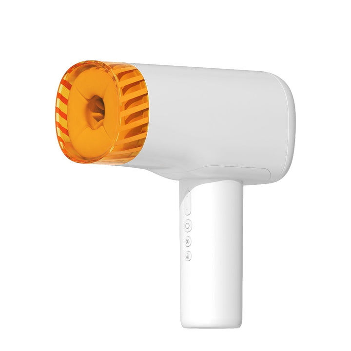 angled front view of white masturbator with orange cap on