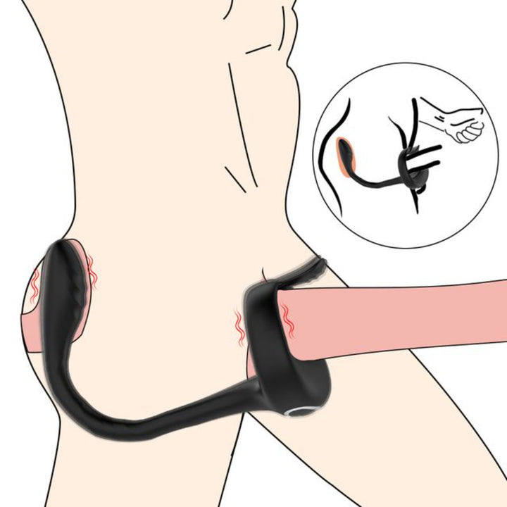 side view of black vibrating cock ring with prostate stimulator on model