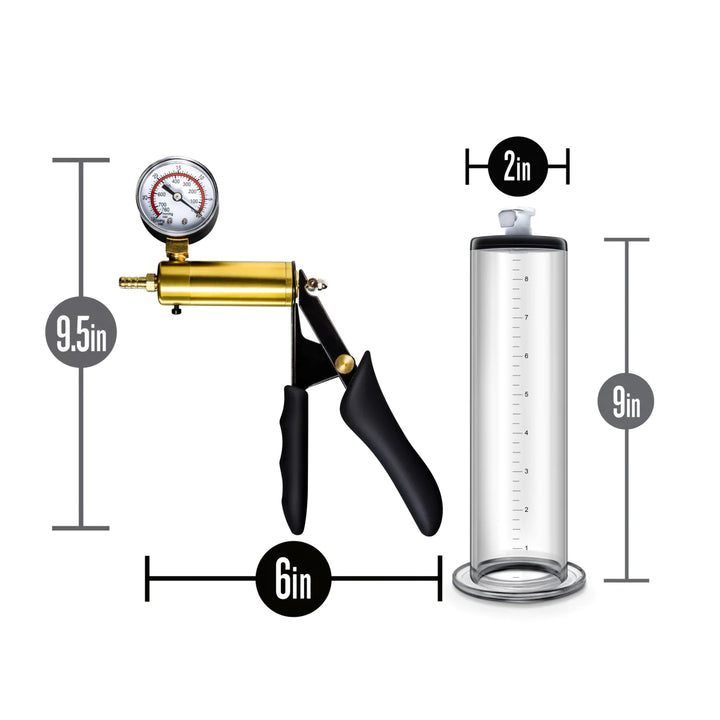 Performance VX6 Vacuum Penis Pump with Brass Pistol & Pressure Gauge image of pump and gauge with product measurements.