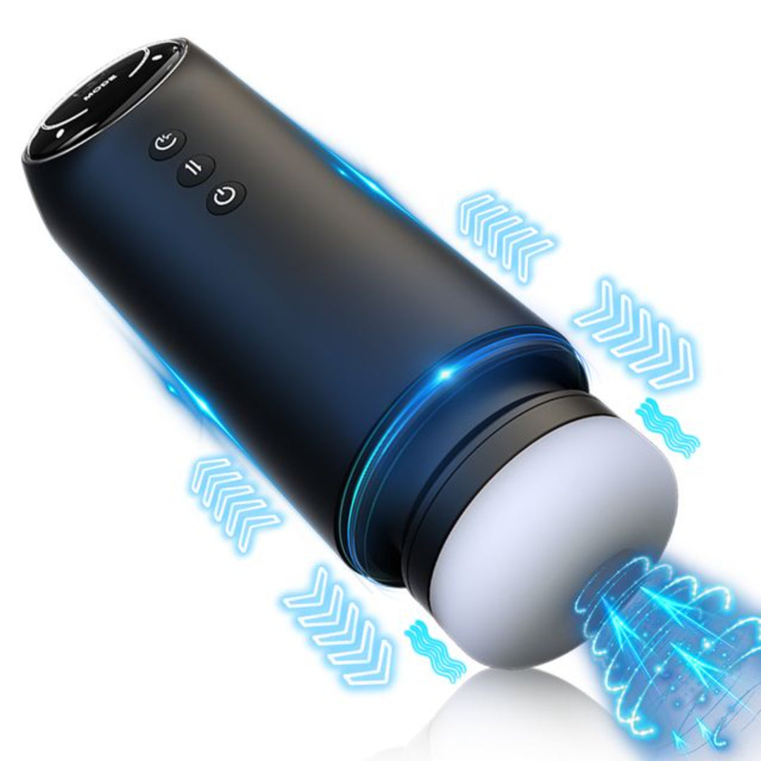 Front view of digital thrusting vibrating black masturbator