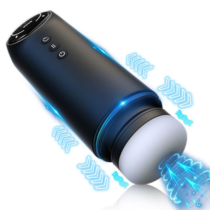 Front view of digital thrusting vibrating black masturbator