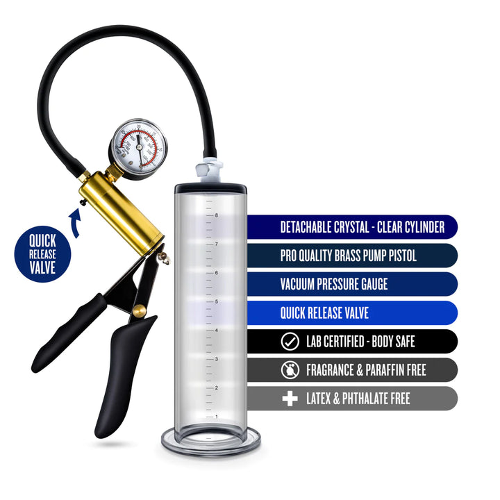 Performance VX6 Vacuum Penis Pump with Brass Pistol & Pressure Gauge image with breakdown of features.