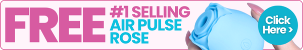 Promotional banner for a free air pulse rose with a blue rose and hand holding it, and text encouraging action.