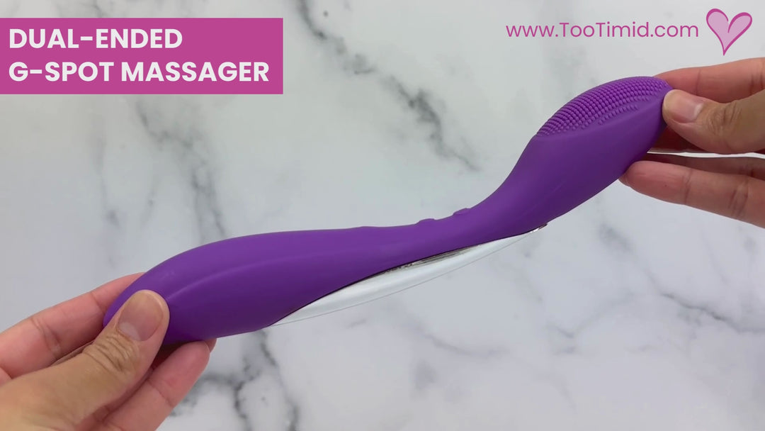 Video of dual-ended massager and it's features. Shown being used on a model of a vagina.