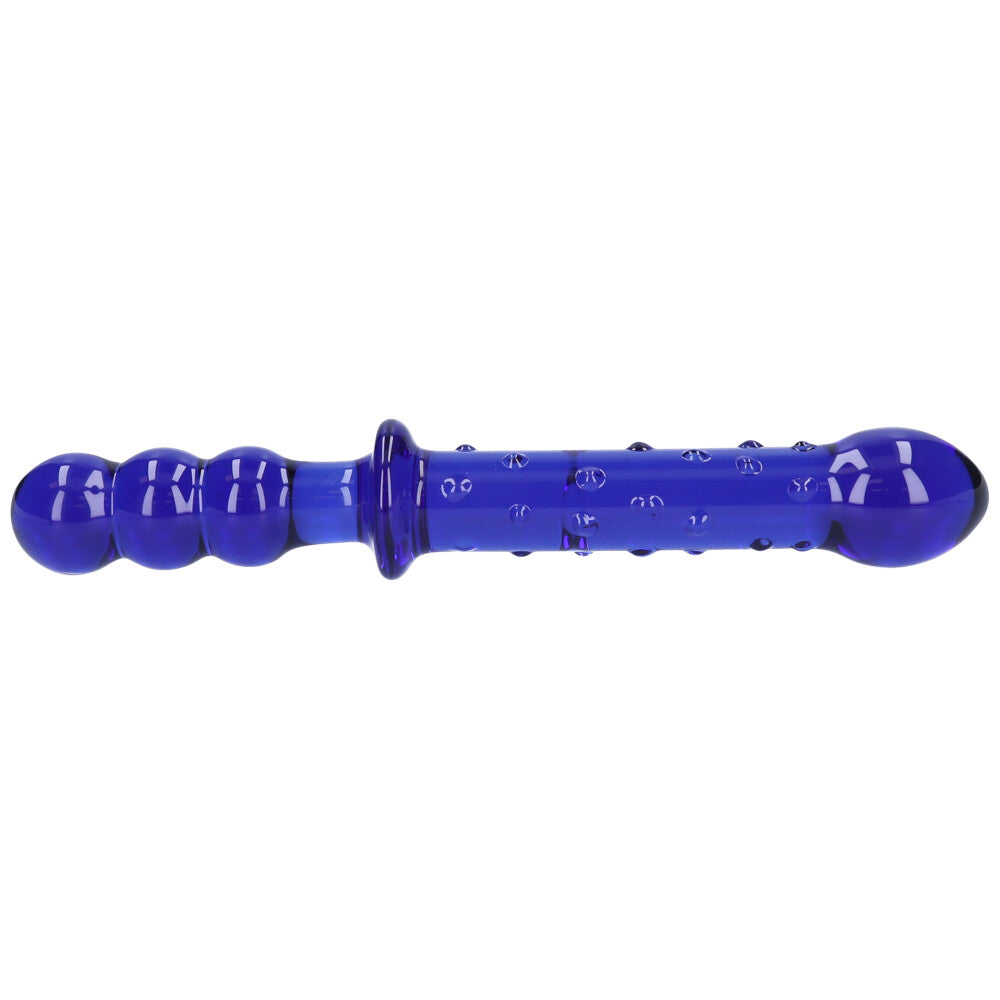 Side view of blue double-sided dildo.