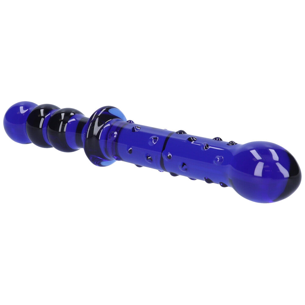 Close-up view of blue double-sided dildo.