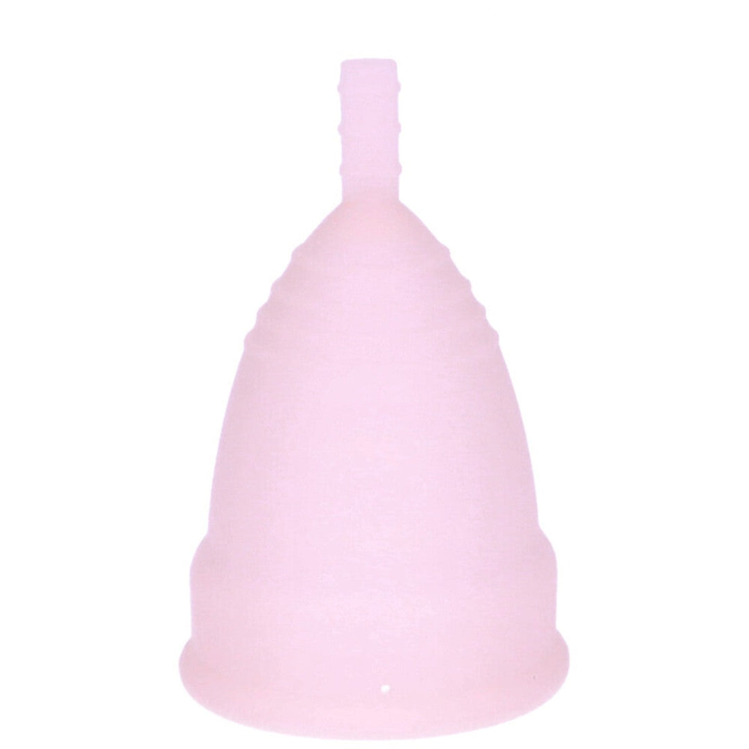 Front view of pink large silicone menstrual cup.