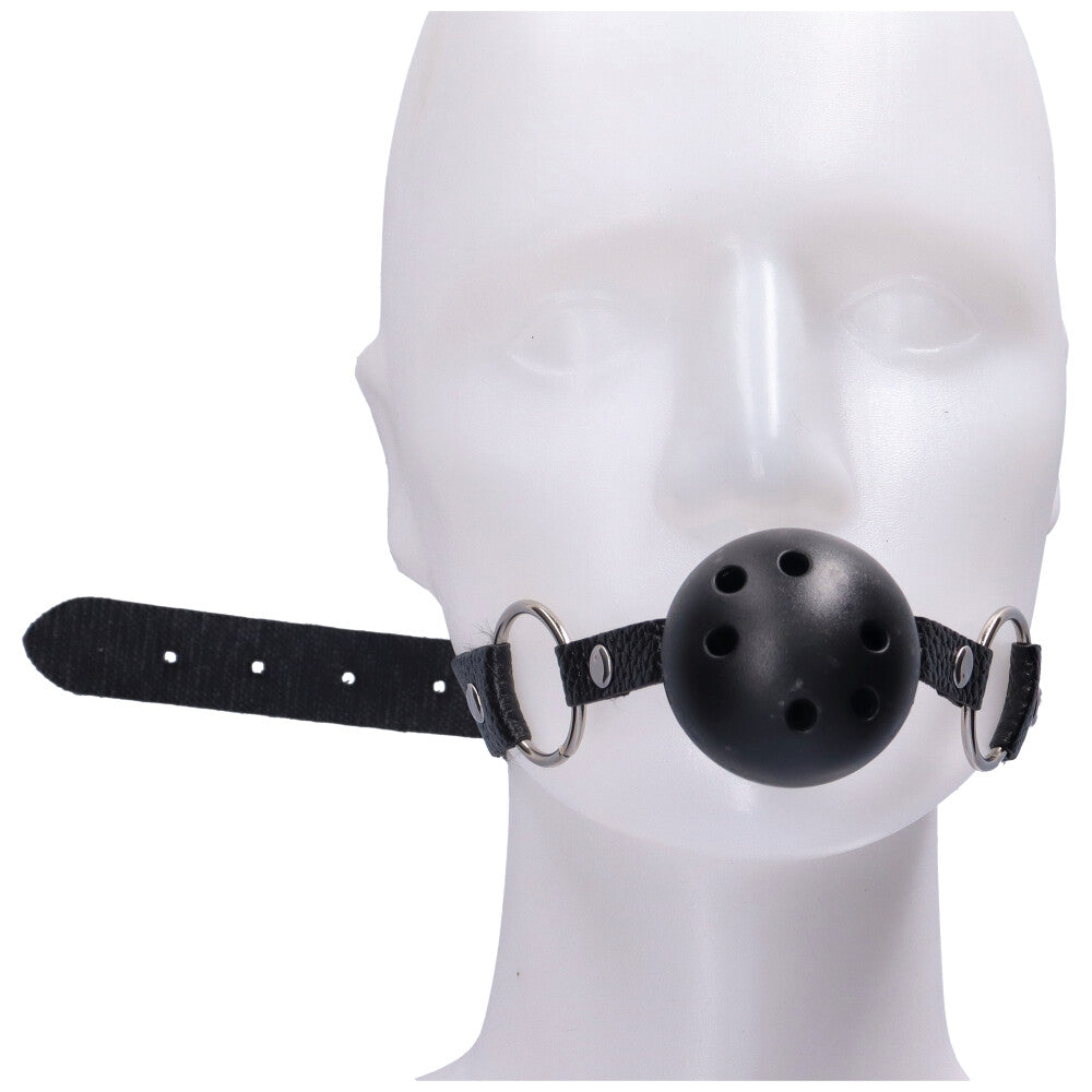 Front view of ball gag on a mannequin head.