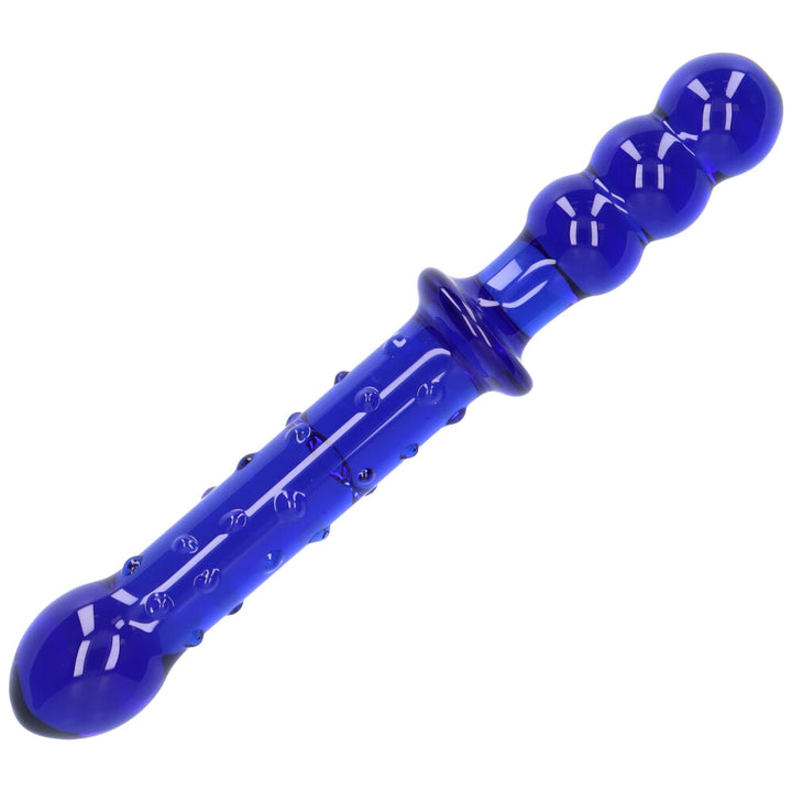 Bird's eye view of blue double-sided dildo.