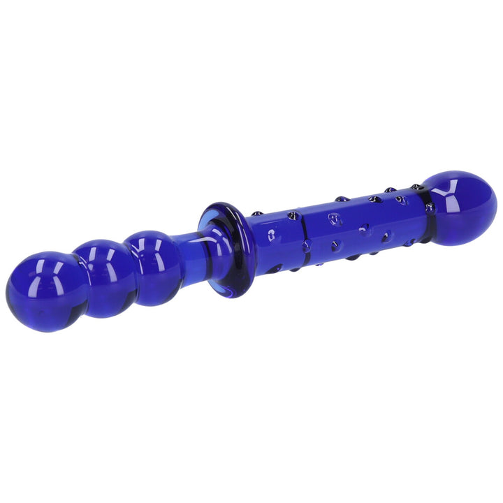 Angled side view of blue double-sided dildo.