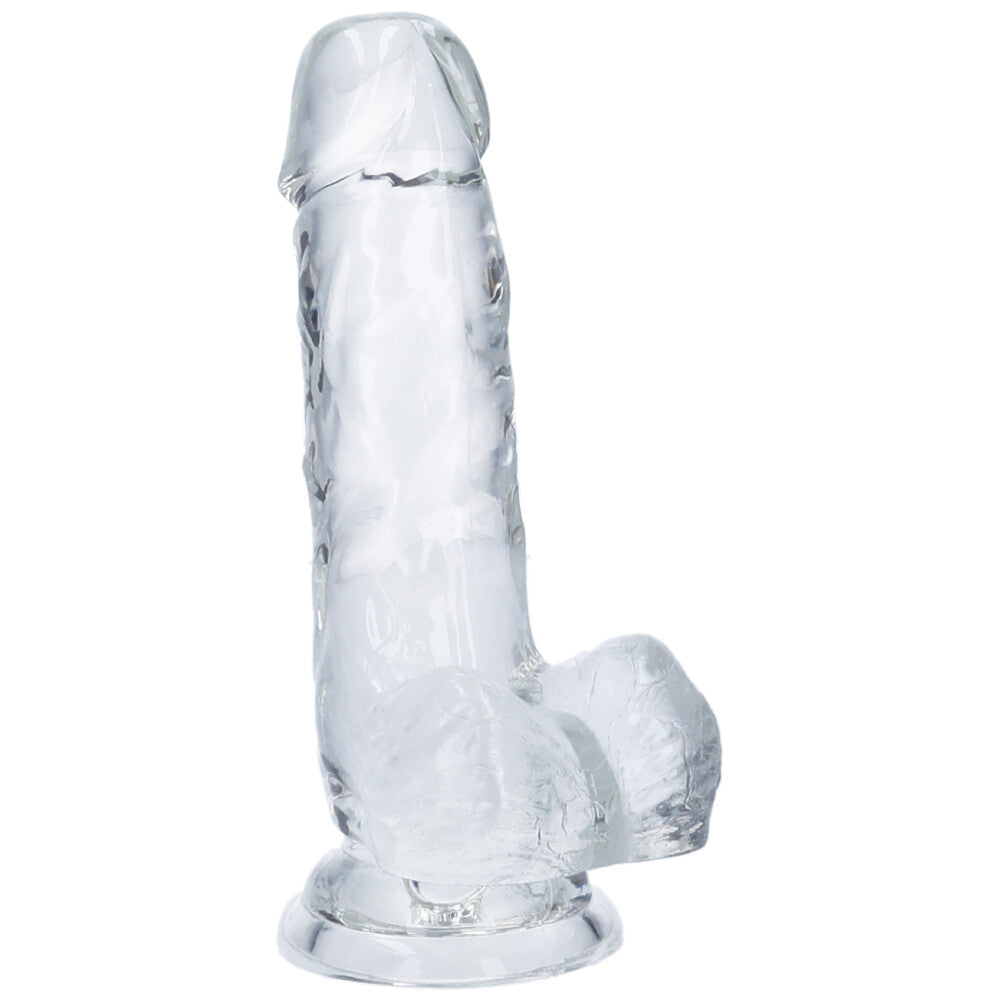Bottom view of small clear realistic suction cup dildo with balls.