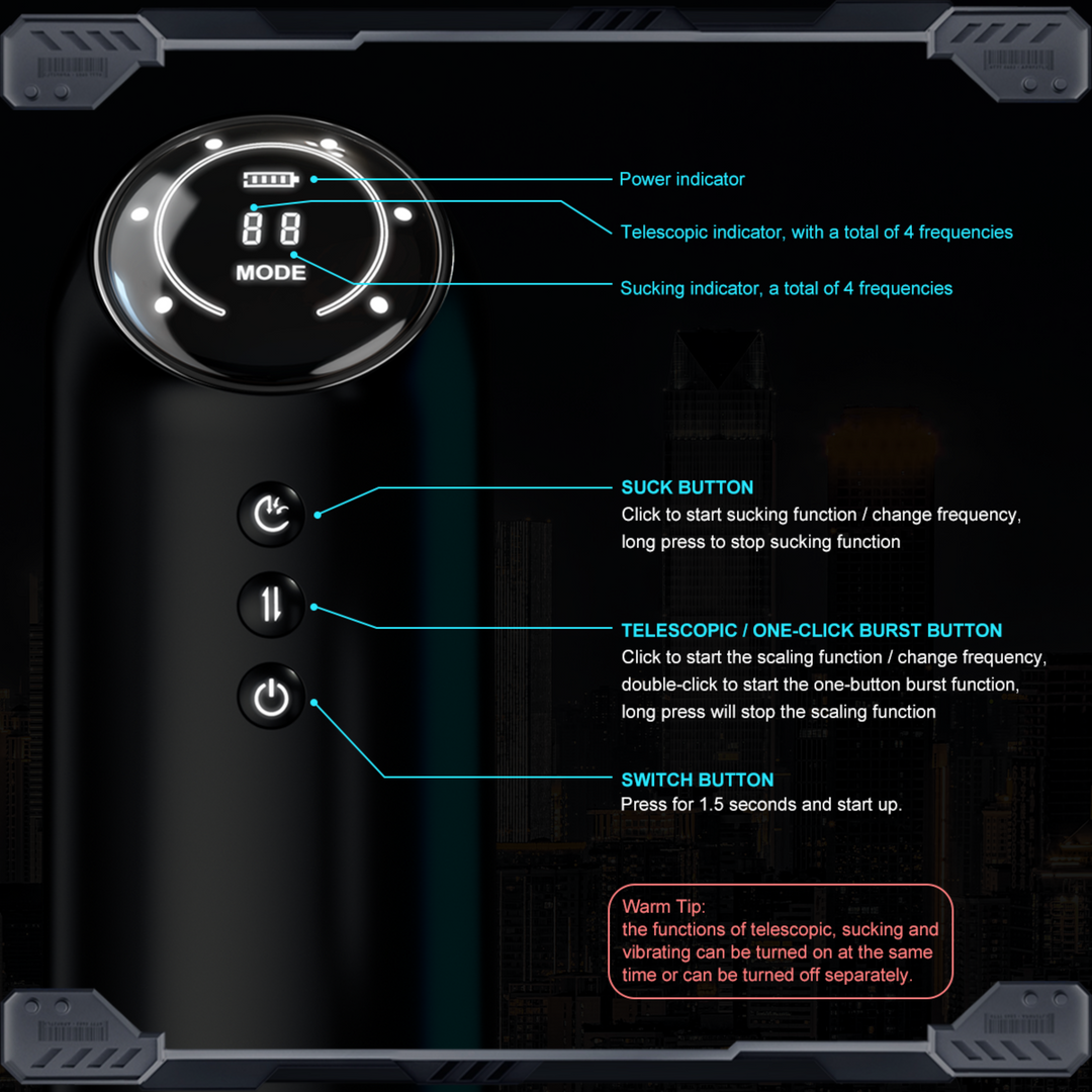 Front view of digital thrusting vibrating black masturbator with functions