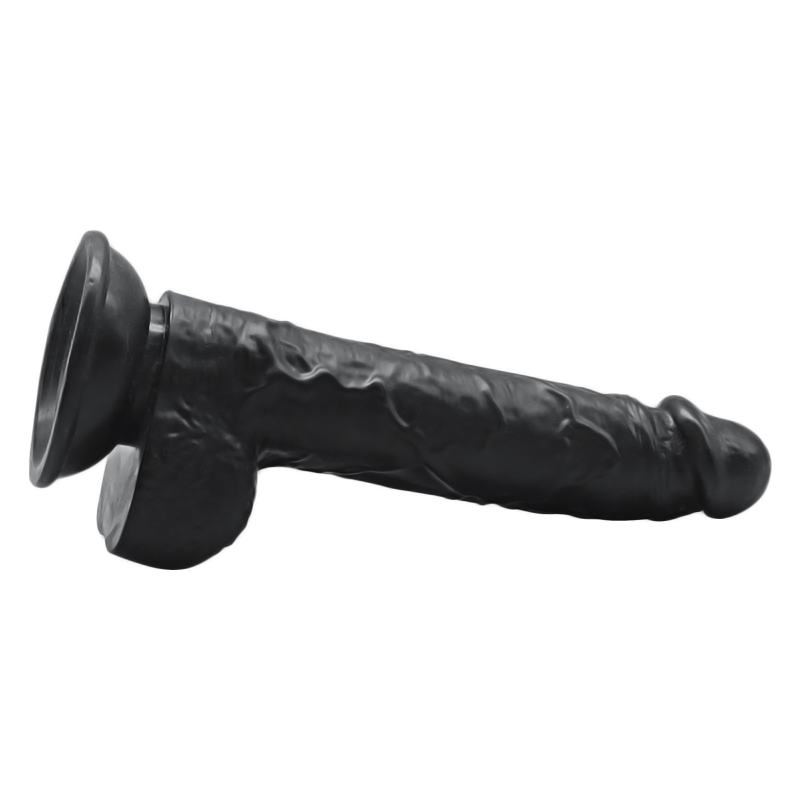 Side length view black suction cup dildo with balls