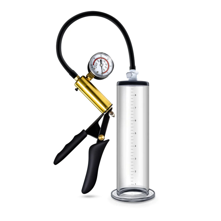 Performance VX6 Vacuum Penis Pump with Brass Pistol & Pressure Gauge front facing image with the gauge.