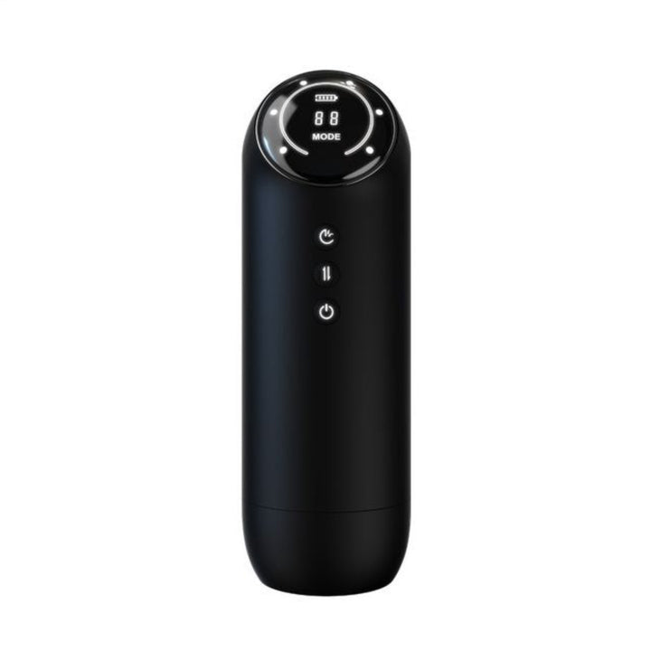 Front view of digital thrusting vibrating black masturbator