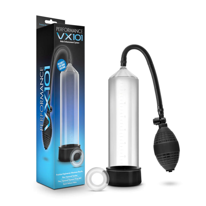 Image of Performance VX101 Male Enhancement Penis Pump standing up next to the manufacturers box and cock ring.