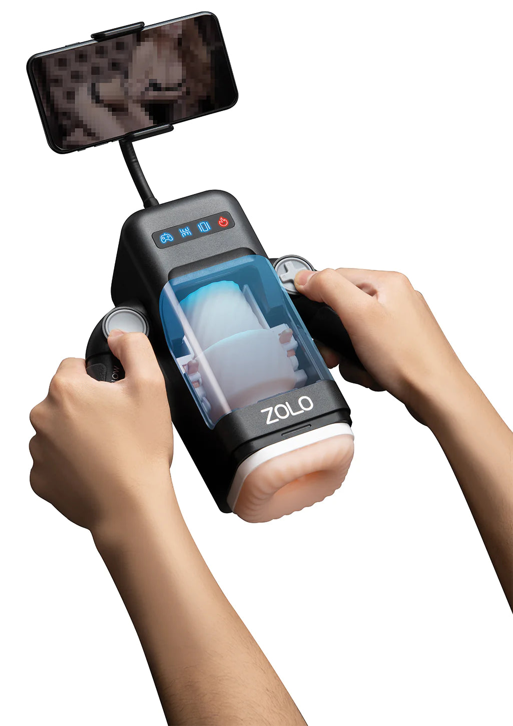 Image of Zolo Blowstation Rechargeable Masturbator looking down with two hands holding the controllers