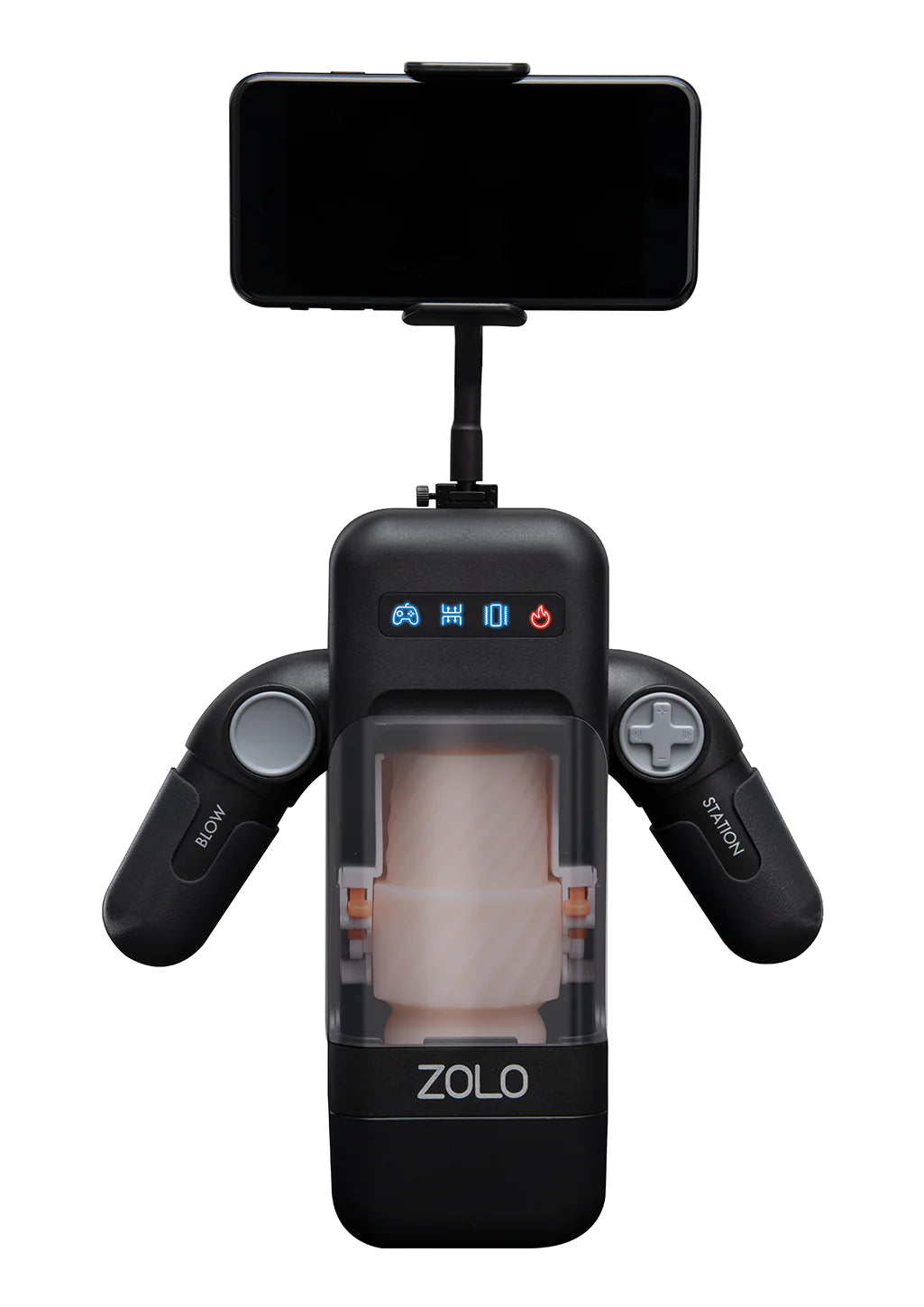 Zolo Blowstation Rechargeable Masturbator image of product standing up with the phone mount attached.