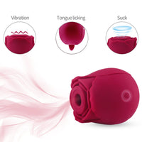 Image showing the product features of the rose clitoral stimulator. Vibration, tongue licking, suck.