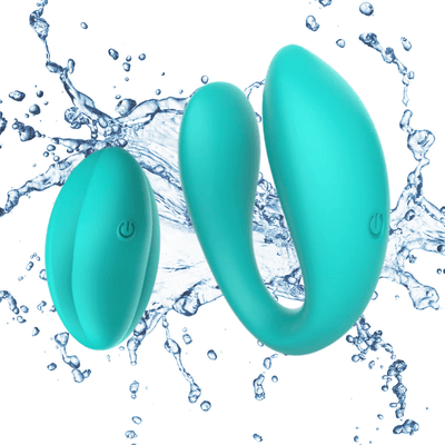 Image of the couples vibrator with splashing water in the background.