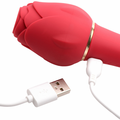 Image of the bloomgasm dual-ended rose wand vibrator being charged with the charging cable (included).