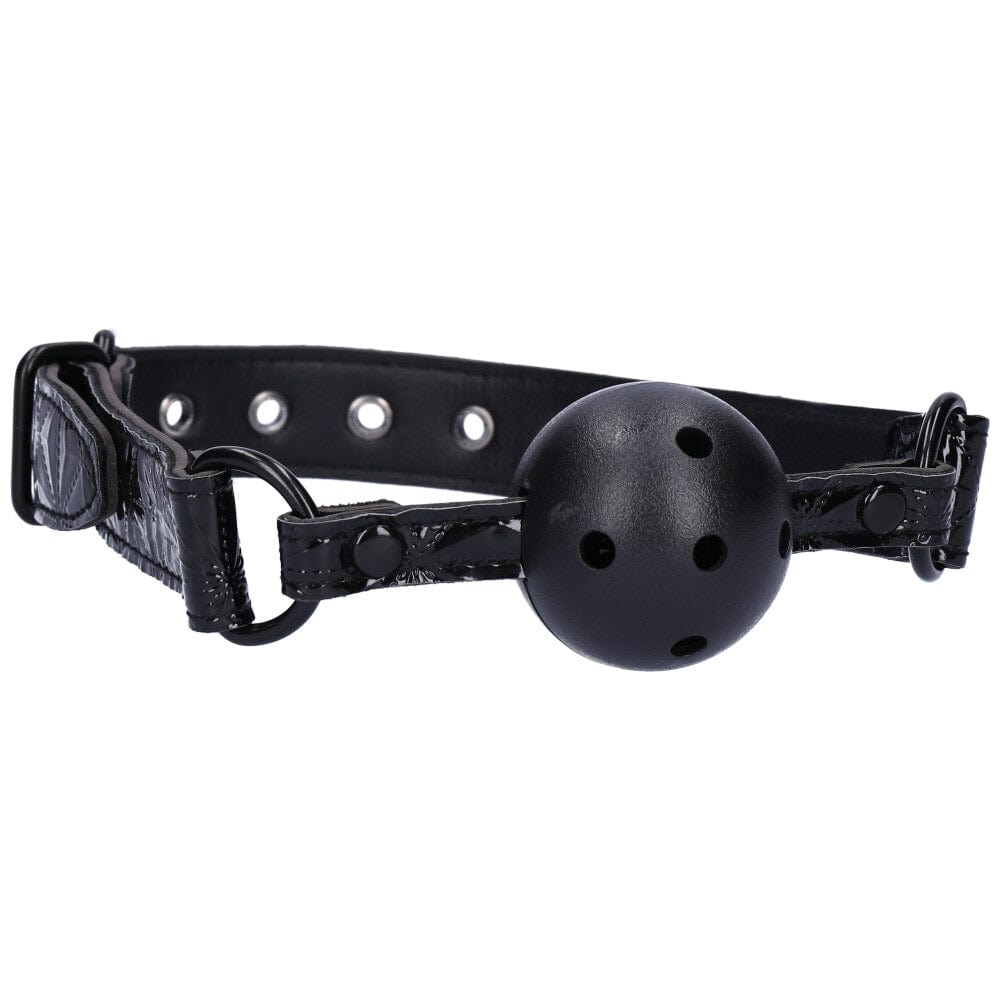 Side angle of breathable adjustable black ball gag