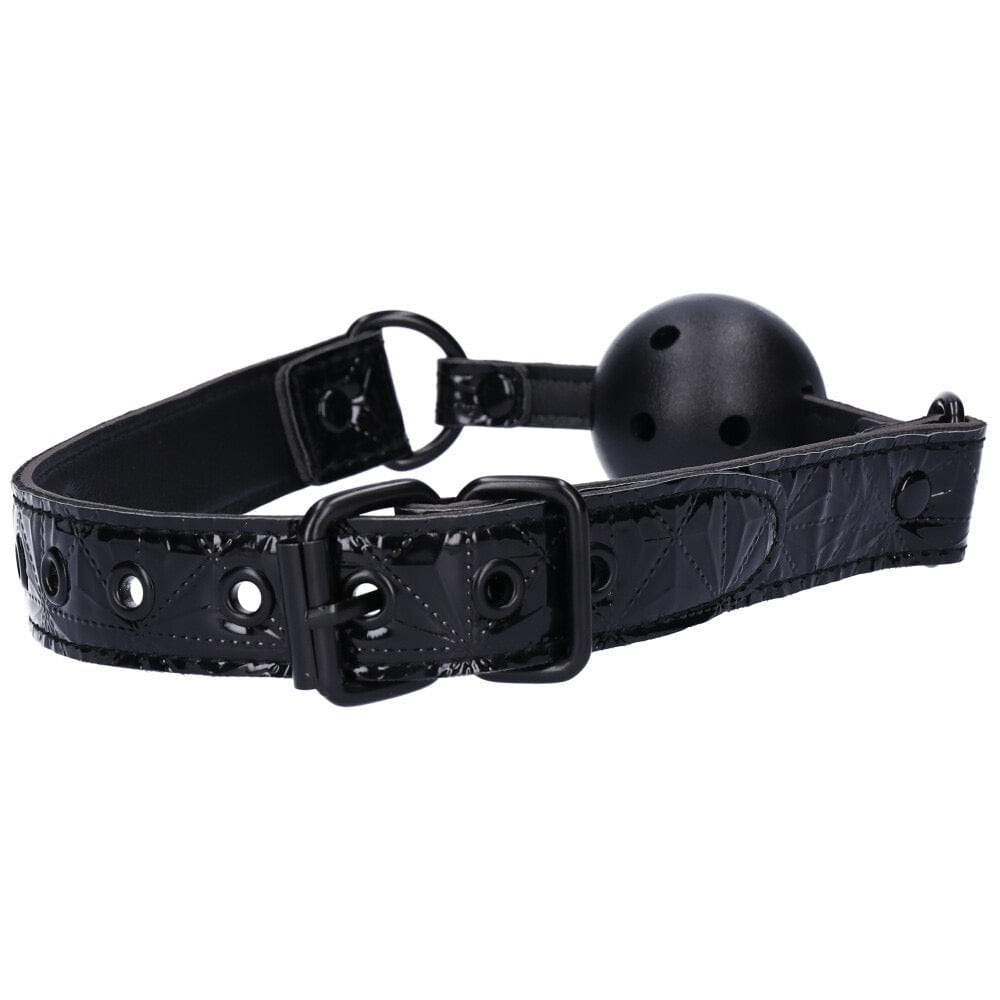 Back side of fully adjustable bondage ball gag