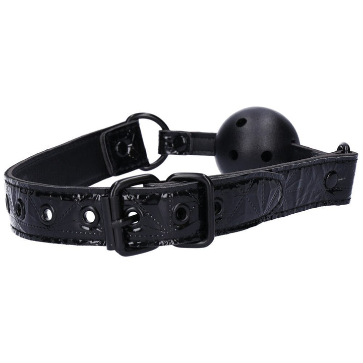 Back side of fully adjustable bondage ball gag