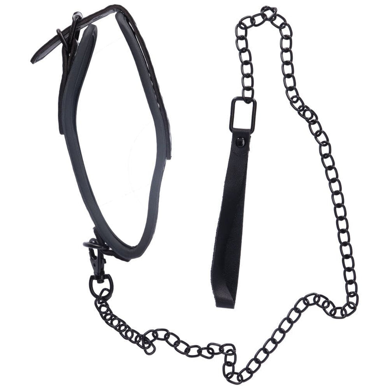 full view of bondage collar and chained leash
