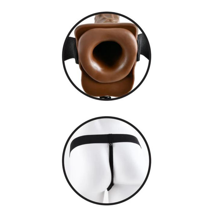 Hollow strap-on dildo in brown showing the opening where the user's penis is inserted and from the back to show how the harness is worn.