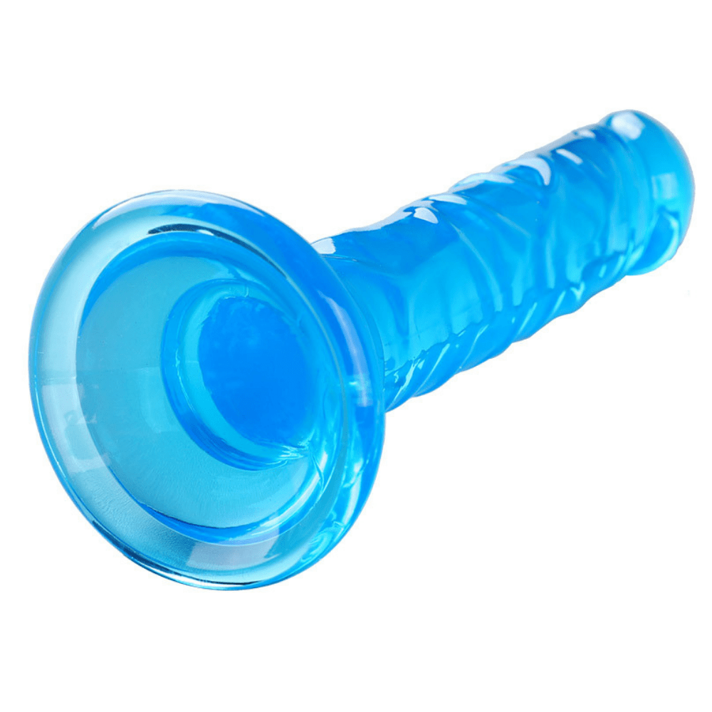 Close-up image of the suction cup base of the blue dildo.